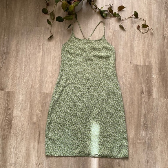 Vintage y2k Tiffany Green Tiny Floral Print Knee Length Slip Dress - Picture 1 of 8